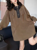 Hooded Long Sleeves Buttoned Drawstring Split-Joint Velvet Hoodies Tops