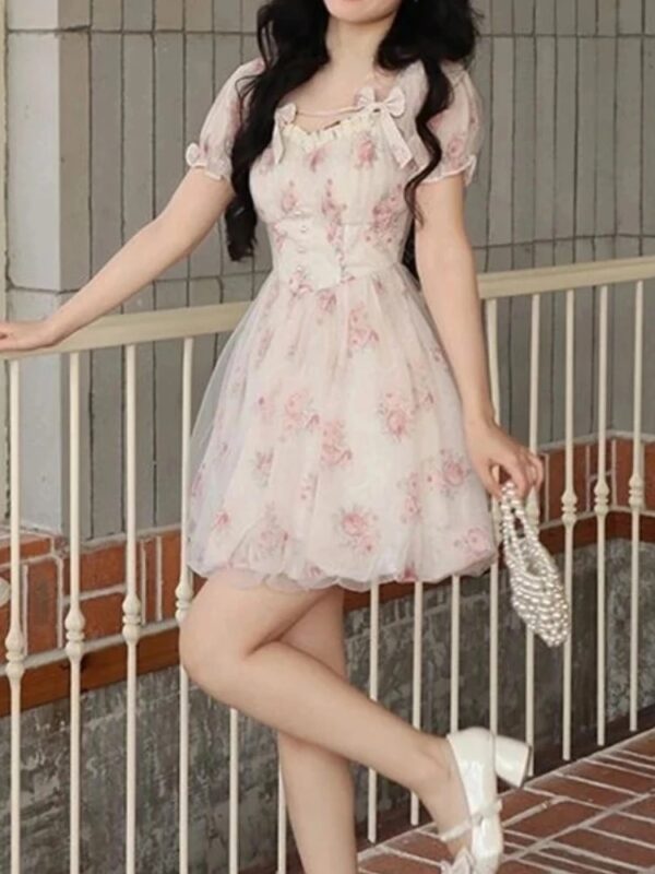 Y2K Floral Print Short Dresses for Women Kawaii Birthday Party Dress High Waist A-Line Slim Spring Summer New Prom Vestido Mujer - Image 3