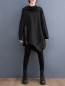 Long Sleeves Loose Asymmetric Split-Joint Zipper Heaps Collar Sweatshirt Tops