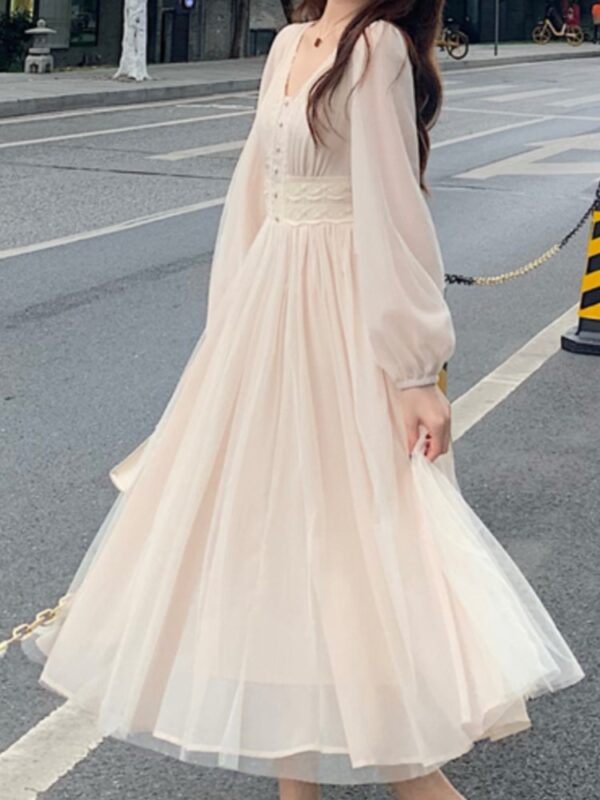 Elegant Mesh Dress Women Lantern Sleeves V-neck Autumn Spring French Vintage High Waist Fairycore Female Prom Robe Vestidos New - Image 4