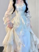 Elegant Solid Ruffles Fairy Dresses Korean Fashion Slim Wasit A Line Midi Dress Spring Summer Women Princess Party Vestidos