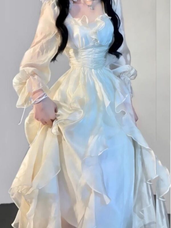 Elegant Solid Ruffles Fairy Dresses Korean Fashion Slim Wasit A Line Midi Dress Spring Summer Women Princess Party Vestidos - Image 6
