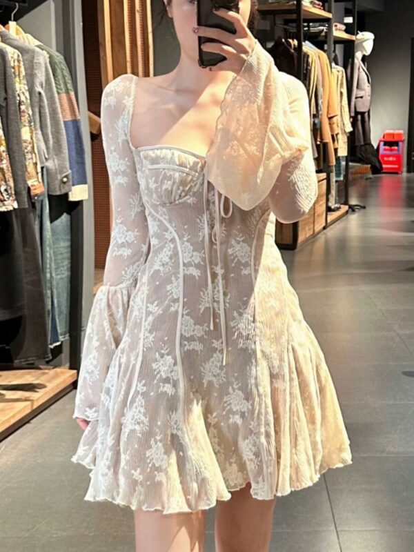 French Sexy Lace Mini Dress Women Y2K Off Shoulder Lace Up Ruffles A-line Autumn Spring Long Sleeve Party Dress Prom Vestidos - Image 5