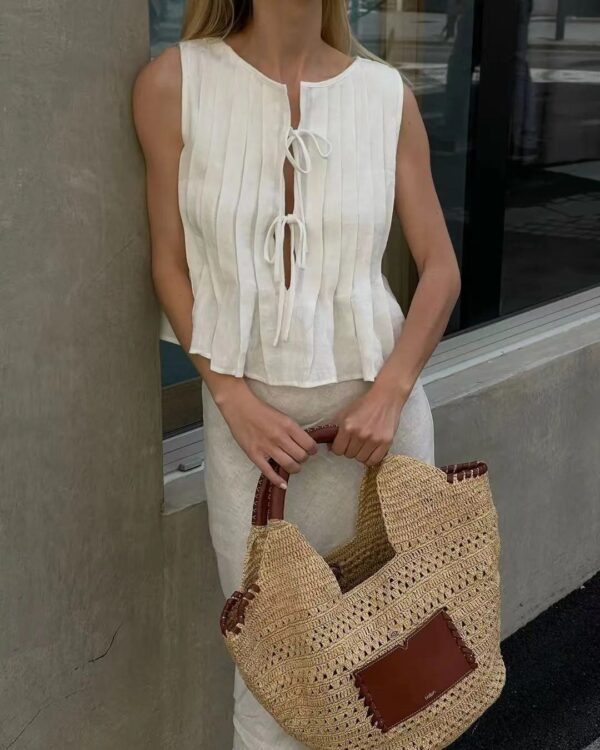 Cotton Linen Sleeveless Lace-up Cardigan Vest - Image 2