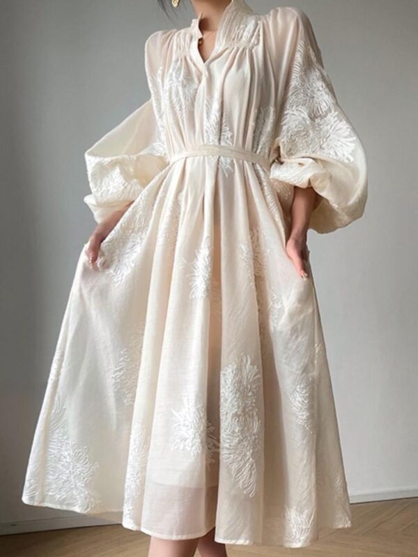 Spring Women Embroidery Evening Party Dresses Elegant Lantern Sleeve Vintage Casual A-Line Dress Female Fashion Vestidos Robe - Image 4
