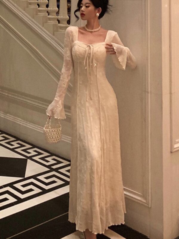 Women’s Solid Midi Dress Flare Sleeves Square Collar A-Line Lace Up Autumn Spring French Elegant Vintage Prom Robe Vestidos New - Image 4