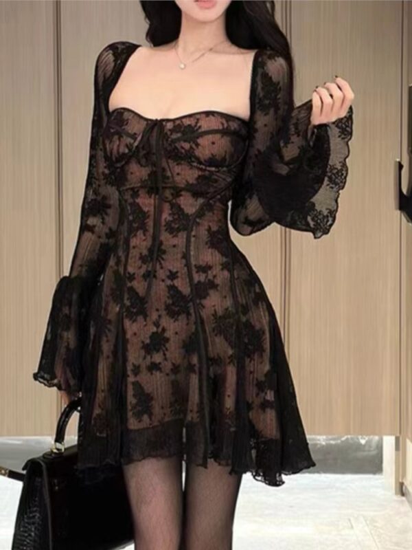 French Sexy Lace Mini Dress Women Y2K Off Shoulder Lace Up Ruffles A-line Autumn Spring Long Sleeve Party Dress Prom Vestidos - Image 2