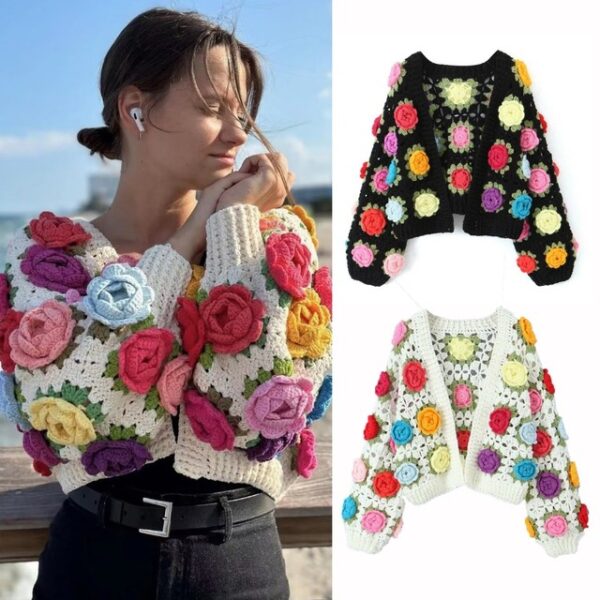 TARUXY Knitted Cardigan Women Autumn Hollow Out Splice Flower Short Sweater Vest Women’s Street Fashion Vitage Sweater Woman New - Image 6