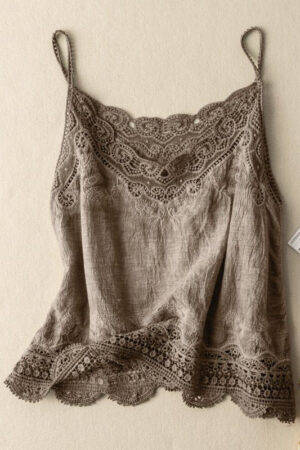 Khaki Loose Casual Vintage Lace Sleeveless Vest