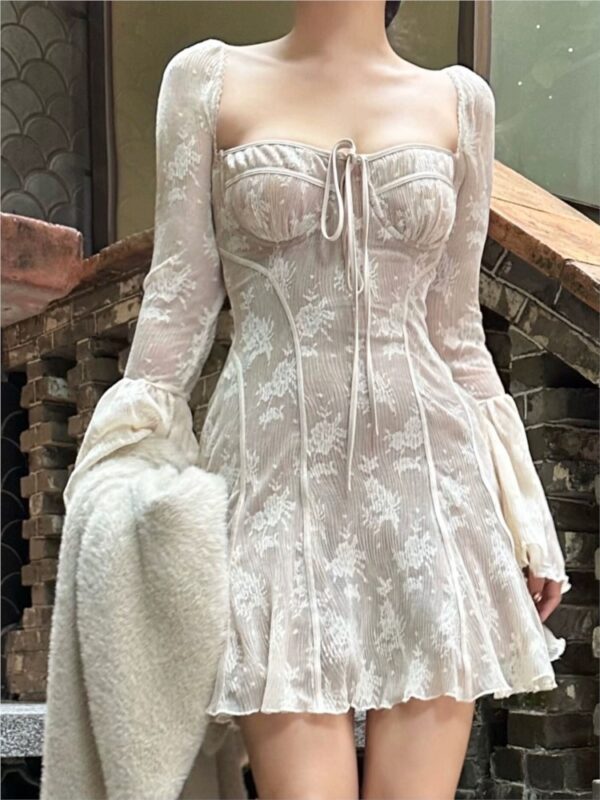 French Sexy Lace Mini Dress Women Y2K Off Shoulder Lace Up Ruffles A-line Autumn Spring Long Sleeve Party Dress Prom Vestidos - Image 4