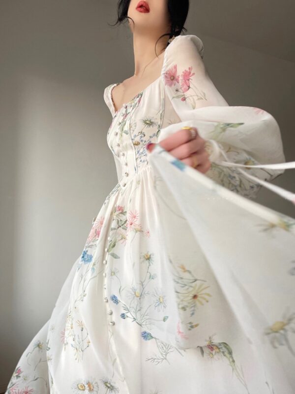 French Vinatge Evening Party Long Dresses for Women Floral A-line Princess Dress Lantern Sleeve Spring Summer Prom Robe Vestidos - Image 5