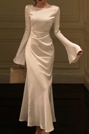 Autumn Satin Long Dresses For Women Flare Sleeve Slim Mermaid Spring French Vintage Wedding Party Prom Robe Vestidos Para Mujer