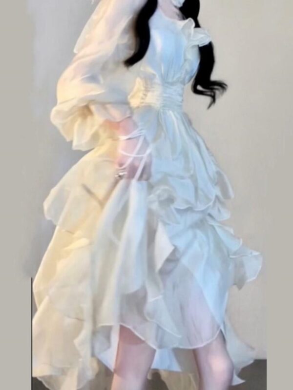 Elegant Solid Ruffles Fairy Dresses Korean Fashion Slim Wasit A Line Midi Dress Spring Summer Women Princess Party Vestidos - Image 3