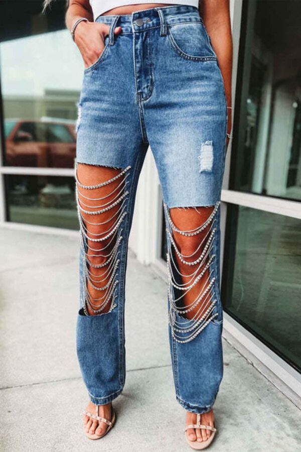 Rhinestone Chain Ripped Jeans - Image 3