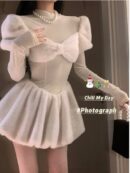Sweet Y2K Solid Knitted Dress Women Long Sleeve Bow O-neck Autumn Winter Mini Dresses Birthday Party Kawaii A-line Vestidos New