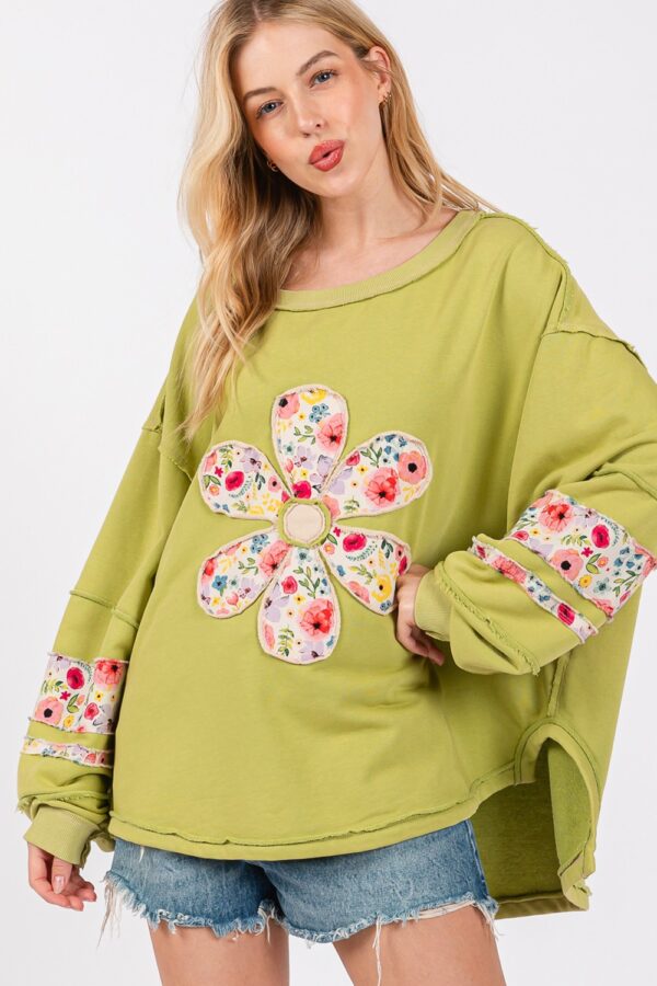 Floral Print Patch Patchwork Long-Sleeved Sweatshirt - Image 5