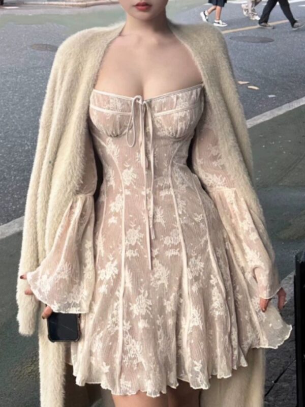 French Sexy Lace Mini Dress Women Y2K Off Shoulder Lace Up Ruffles A-line Autumn Spring Long Sleeve Party Dress Prom Vestidos - Image 3