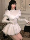Sweet Y2K Solid Knitted Dress Women Long Sleeve Bow O-neck Autumn Winter Mini Dresses Birthday Party Kawaii A-line Vestidos New