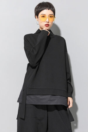 Black False-Two Split-Joint High-Neck Sweatshirt T-Shirt