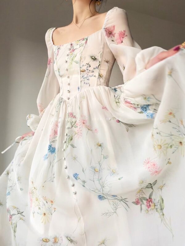 French Vinatge Evening Party Long Dresses for Women Floral A-line Princess Dress Lantern Sleeve Spring Summer Prom Robe Vestidos - Image 2
