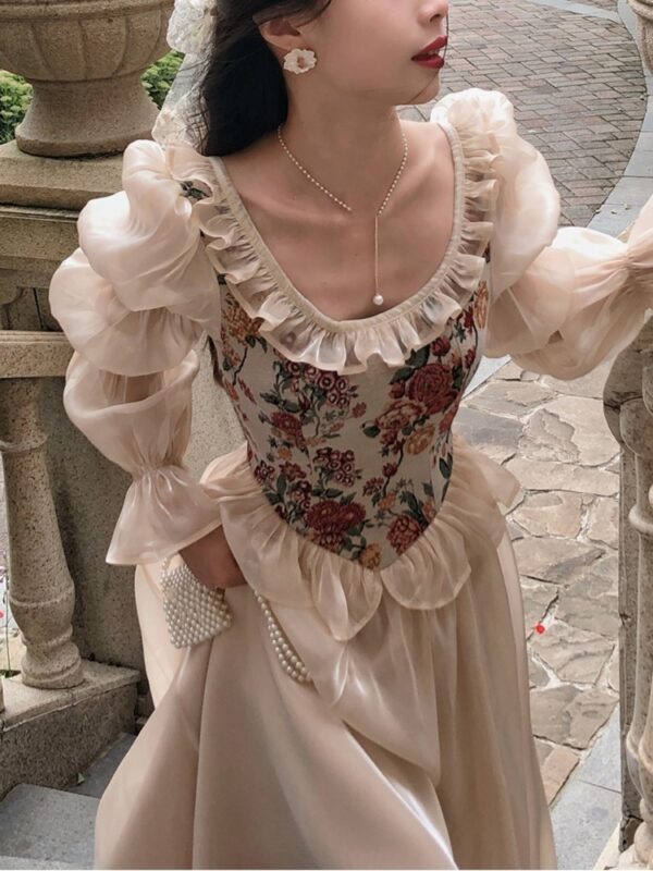 French Vintage Midi Dress Women Floral Patchwork Puff Sleeve Ruffles A-line Autumn Spring Evening Party Prom Robe Vestidos Mujer - Image 4