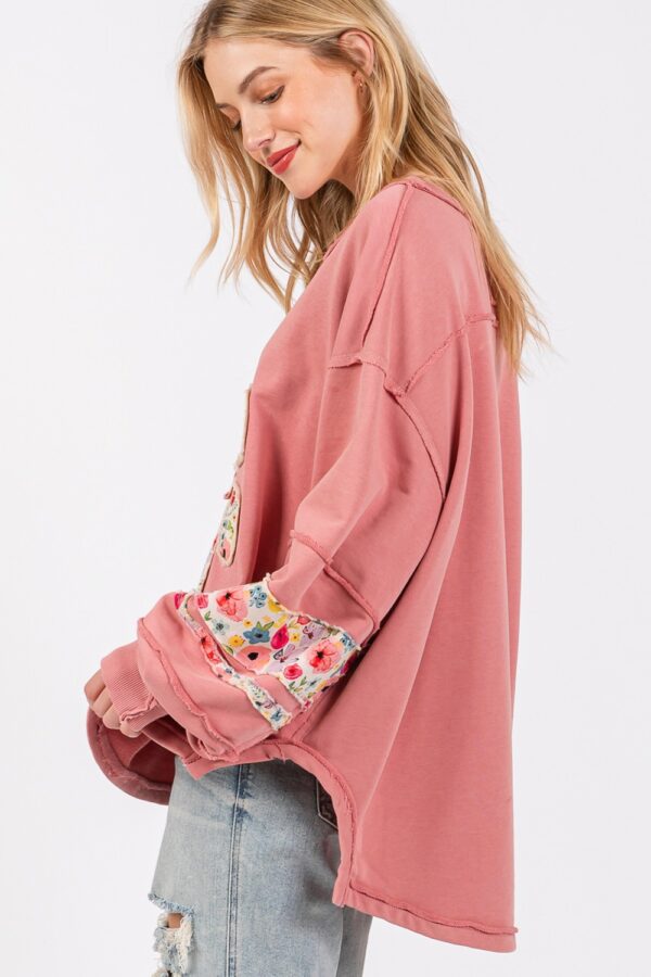 Floral Print Patch Patchwork Long-Sleeved Sweatshirt - Image 3