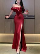 Sexy Bodycon Long Dresses for Women Wedding Evening Party Prom Robe Ruffles Slash Neck High Split Hollow Out Summer New Vestido