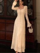 Women’s Solid Midi Dress Flare Sleeves Square Collar A-Line Lace Up Autumn Spring French Elegant Vintage Prom Robe Vestidos New