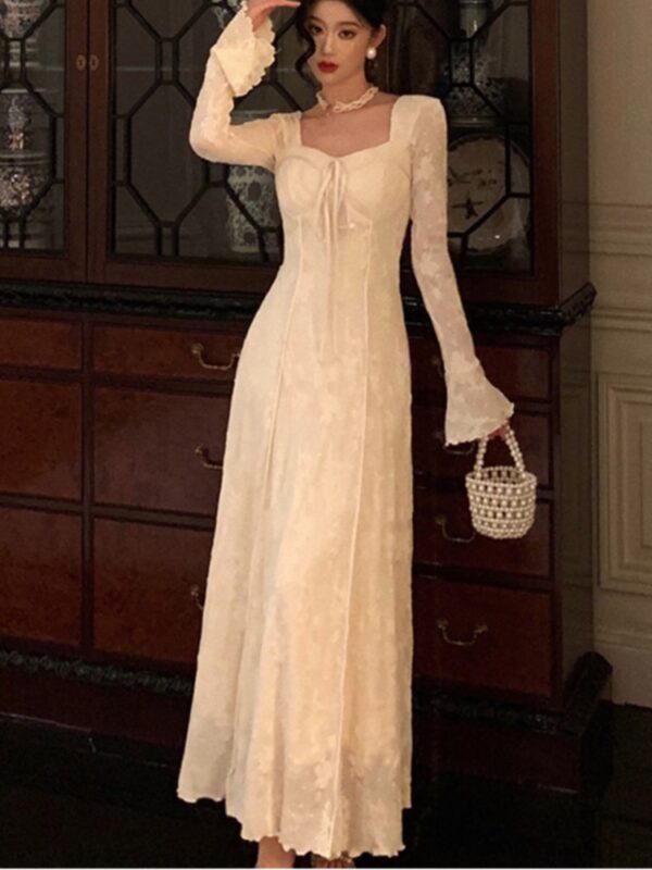 Women’s Solid Midi Dress Flare Sleeves Square Collar A-Line Lace Up Autumn Spring French Elegant Vintage Prom Robe Vestidos New - Image 5