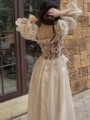 French Vintage Midi Dress Women Floral Patchwork Puff Sleeve Ruffles A-line Autumn Spring Evening Party Prom Robe Vestidos Mujer