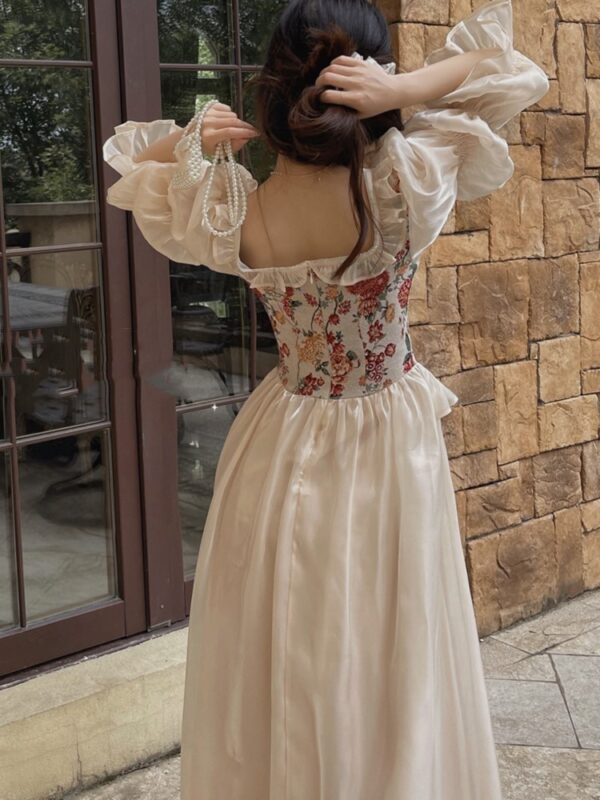 French Vintage Midi Dress Women Floral Patchwork Puff Sleeve Ruffles A-line Autumn Spring Evening Party Prom Robe Vestidos Mujer - Image 3