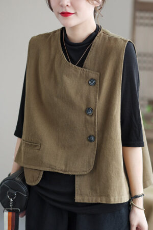 Vintage Asymmetric Solid Color Buttoned Vest Top