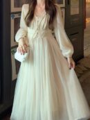 Elegant Mesh Dress Women Lantern Sleeves V-neck Autumn Spring French Vintage High Waist Fairycore Female Prom Robe Vestidos New
