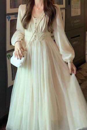 Elegant Mesh Dress Women Lantern Sleeves V-neck Autumn Spring French Vintage High Waist Fairycore Female Prom Robe Vestidos New
