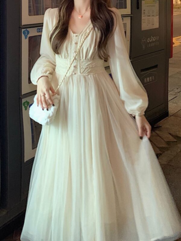 Elegant Mesh Dress Women Lantern Sleeves V-neck Autumn Spring French Vintage High Waist Fairycore Female Prom Robe Vestidos New