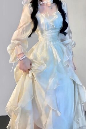 Elegant Solid Ruffles Fairy Dresses Korean Fashion Slim Wasit A Line Midi Dress Spring Summer Women Princess Party Vestidos
