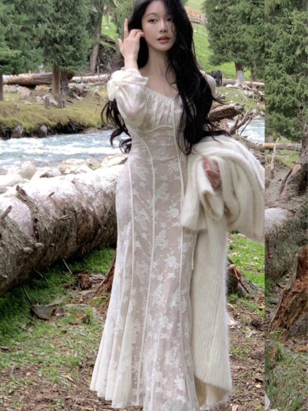 Elegant Flare Sleeve Mermaid Long Dresses for Women New Spring Summer Slim Wedding Runway Party Lace Vestidos Vintage Clothing - Image 3