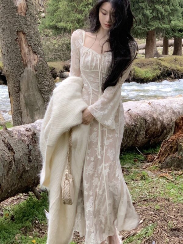 Elegant Flare Sleeve Mermaid Long Dresses for Women New Spring Summer Slim Wedding Runway Party Lace Vestidos Vintage Clothing - Image 2