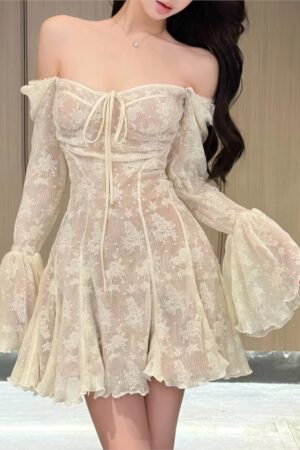 French Sexy Lace Mini Dress Women Y2K Off Shoulder Lace Up Ruffles A-line Autumn Spring Long Sleeve Party Dress Prom Vestidos