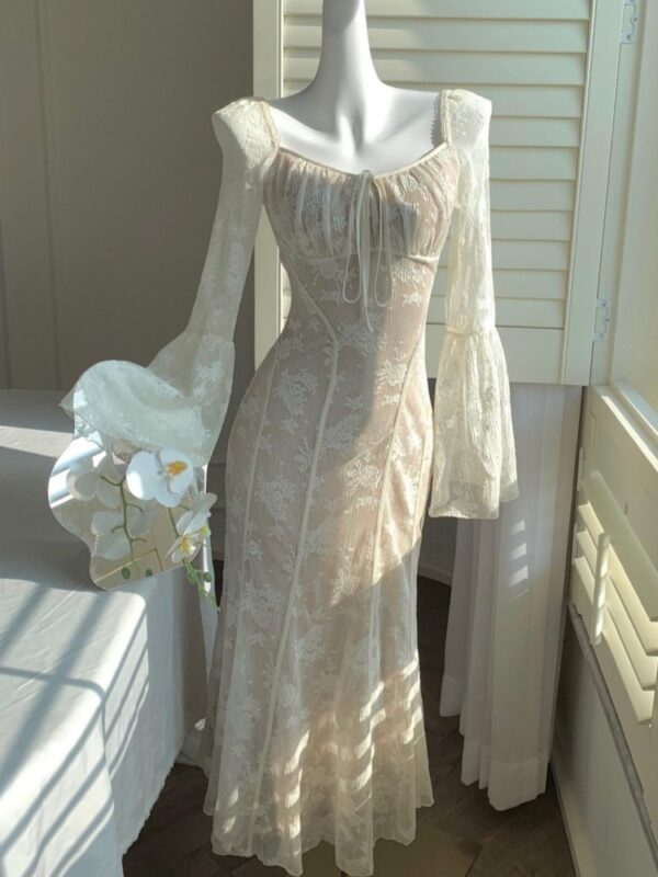 Elegant Flare Sleeve Mermaid Long Dresses for Women New Spring Summer Slim Wedding Runway Party Lace Vestidos Vintage Clothing - Image 5