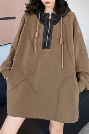 Hooded Long Sleeves Buttoned Drawstring Split-Joint Velvet Hoodies Tops