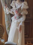 French Vintage Midi Dress Women Floral Patchwork Puff Sleeve Ruffles A-line Autumn Spring Evening Party Prom Robe Vestidos Mujer