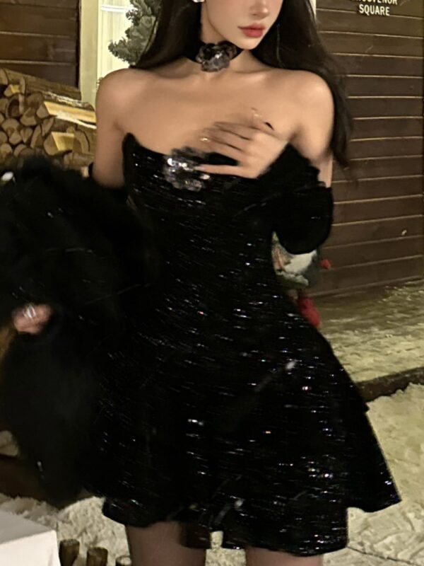 Y2K Velvet Mini Dress Women Strapless With Choker Sexy Bodycon Layered Ruffles A-Line Birthday Evening Party Prom Robe Vestidos - Image 5