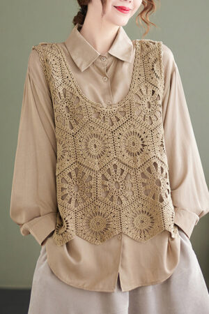 Italian Khaki U Neck Hollow Out Crochet Flower Vest Tops Sleeveless
