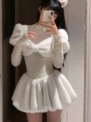 Sweet Y2K Solid Knitted Dress Women Long Sleeve Bow O-neck Autumn Winter Mini Dresses Birthday Party Kawaii A-line Vestidos New