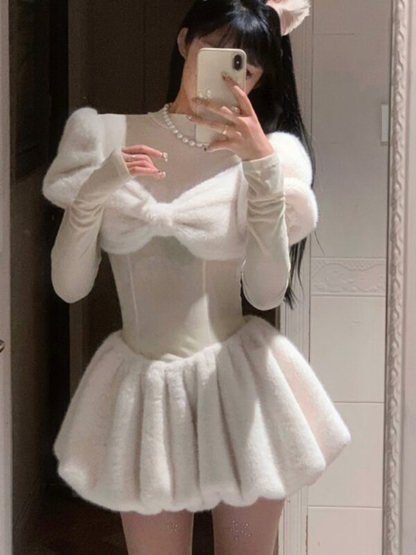 Sweet Y2K Solid Knitted Dress Women Long Sleeve Bow O-neck Autumn Winter Mini Dresses Birthday Party Kawaii A-line Vestidos New - Image 2