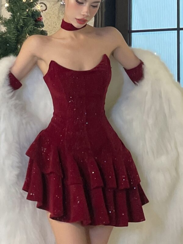 Y2K Velvet Mini Dress Women Strapless With Choker Sexy Bodycon Layered Ruffles A-Line Birthday Evening Party Prom Robe Vestidos - Image 2