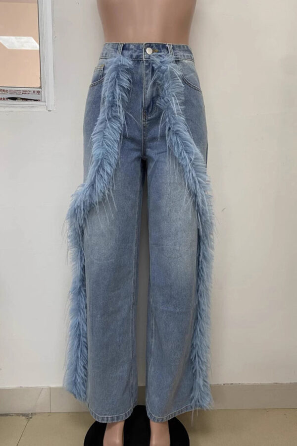 Daily Patchwork Fluffy Mid Waist Loose Denim Jeans - Image 3