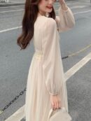 Elegant Mesh Dress Women Lantern Sleeves V-neck Autumn Spring French Vintage High Waist Fairycore Female Prom Robe Vestidos New