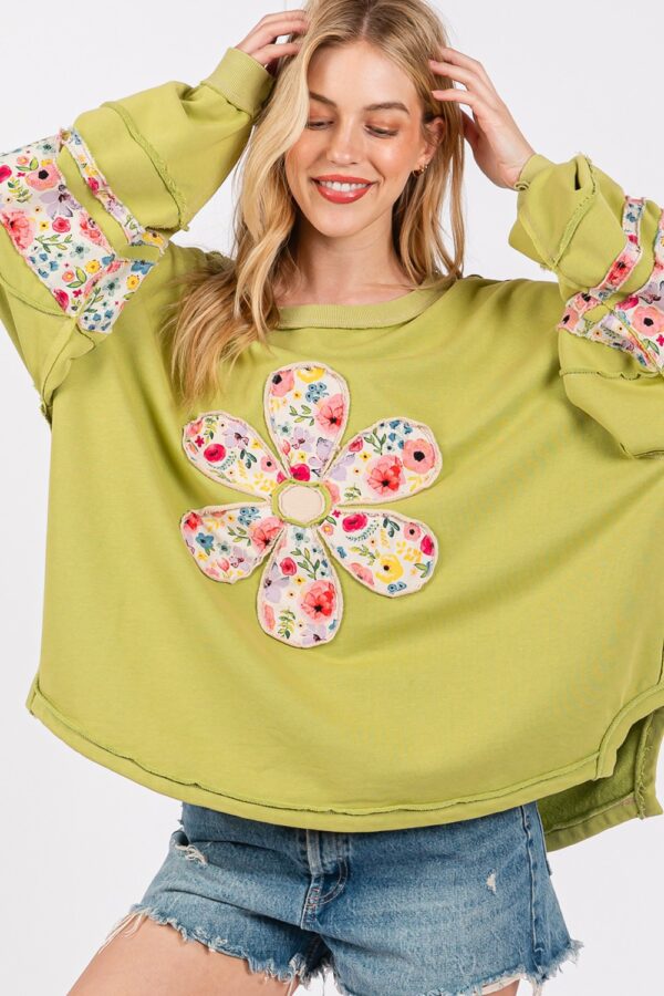 Floral Print Patch Patchwork Long-Sleeved Sweatshirt - Image 6